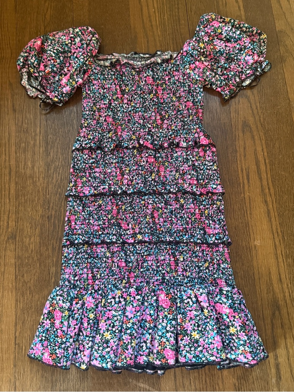 Katie J NYC Black Pink Floral Smocked Puff Sleeve Dress